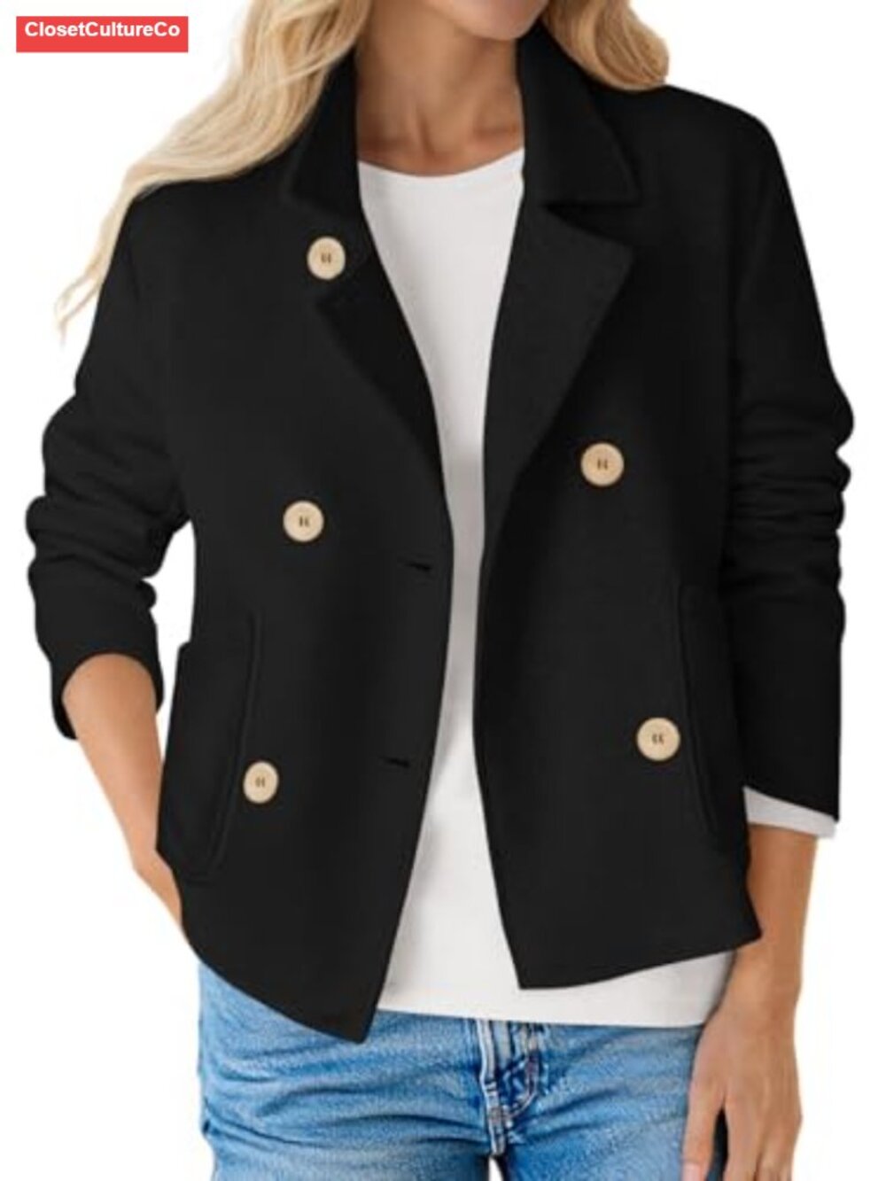 Cropped Double Breasted Blazer Suit Jacket Notch Lapel Loose Fit